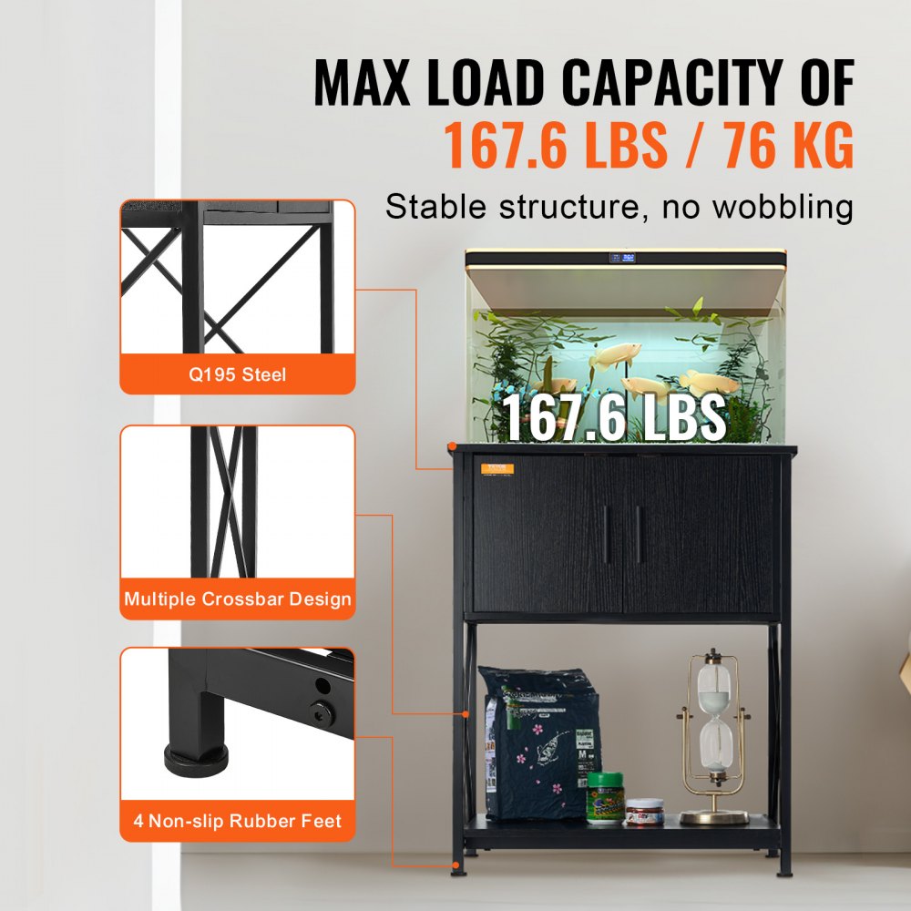 AMITOOLS Aquarium Stand, 20 Gallon Fish Tank Stand, 25.6 x 16.5 x 31.9 in Steel and MDF Turtle Tank Stand, 167.6 lbs Load Capacity, Reptile Tank Stand with Storage Cabinet and Embedded Power Panel, Black
