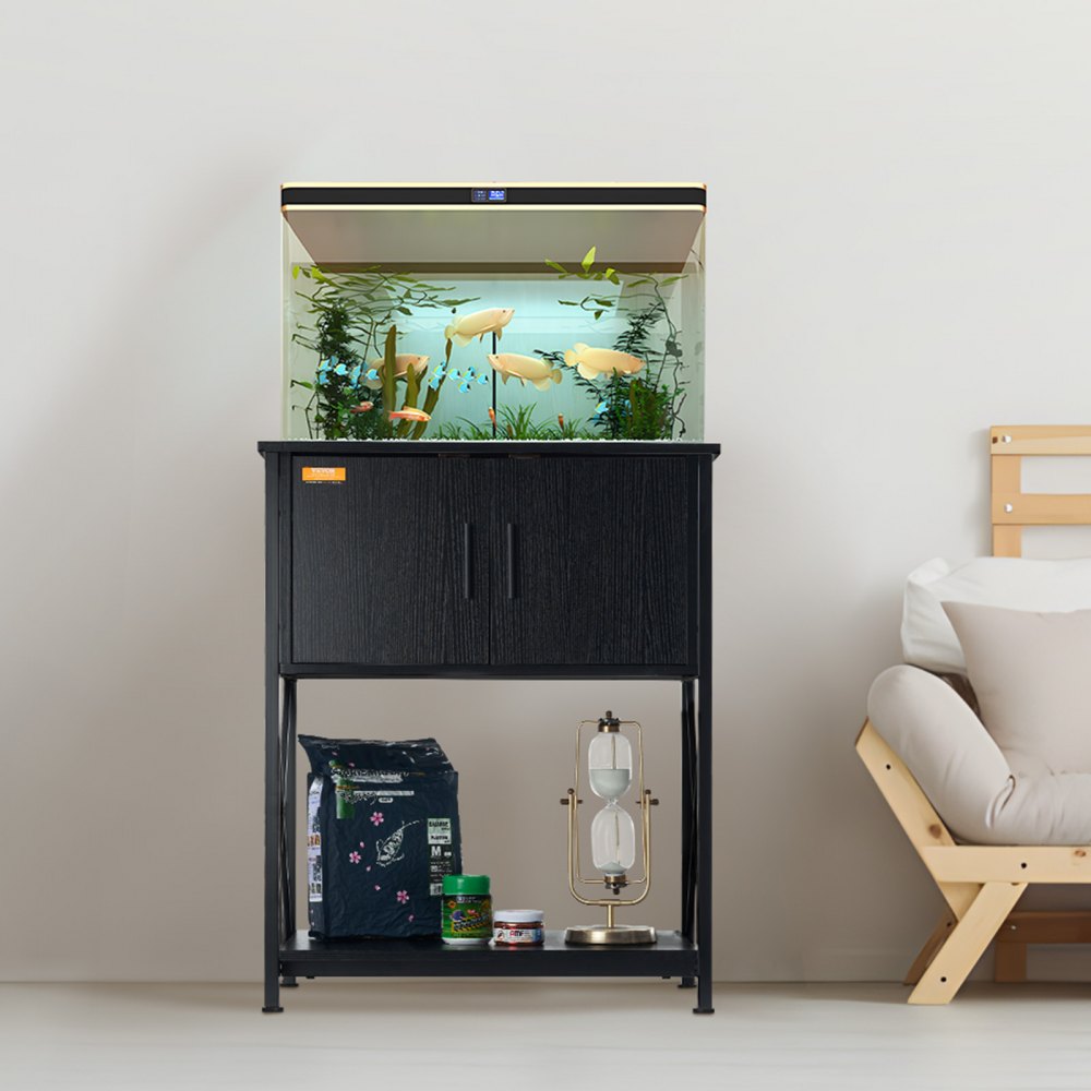 AMITOOLS Aquarium Stand, 20 Gallon Fish Tank Stand, 25.6 x 16.5 x 31.9 in Steel and MDF Turtle Tank Stand, 167.6 lbs Load Capacity, Reptile Tank Stand with Storage Cabinet and Embedded Power Panel, Black