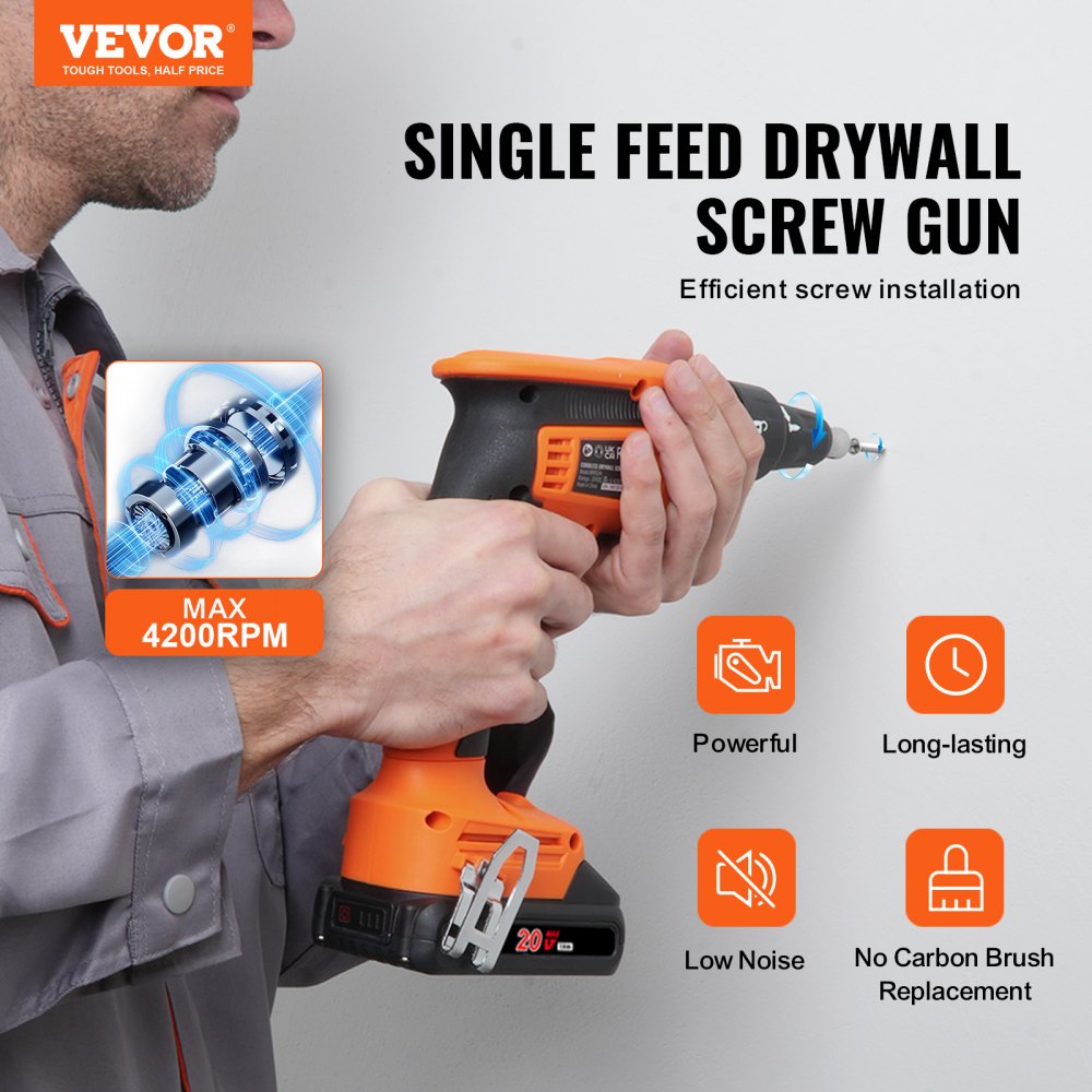 AMITOOLS Drywall Screw Gun, 20V Max Drywall Screwgun, 4200RPM Brushless Cordless Drywall Gun Kit with 2 Battery Packs, Charger, Belt Clip, and Tool Bag, Forward and Reverse Adjustable, Built-in LED Light