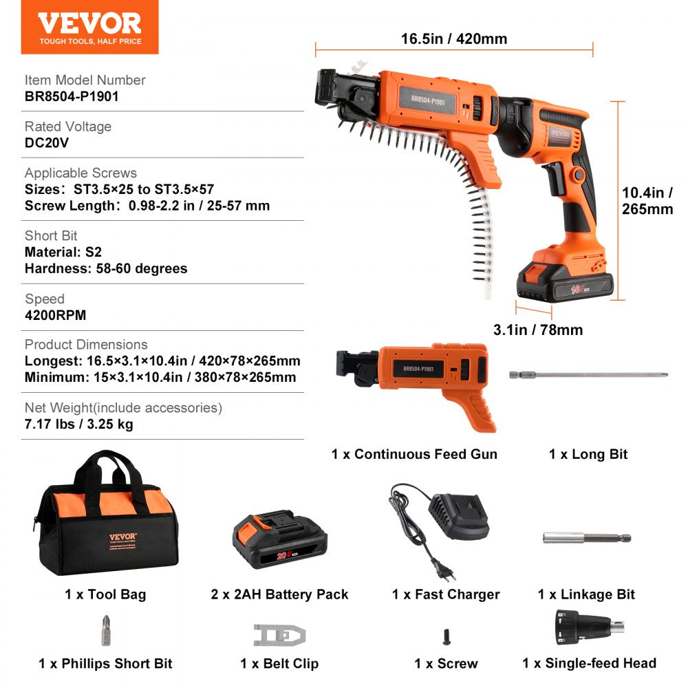 AMITOOLS Drywall Screw Gun Auto-Feed, 20V Max Collated Drywall Screwgun, 4200RPM Brushless Cordless Drywall Gun Kit with 2 Battery Packs, Charger, Belt Clip, Tool Bag, Screw Length and Depth Adjustable