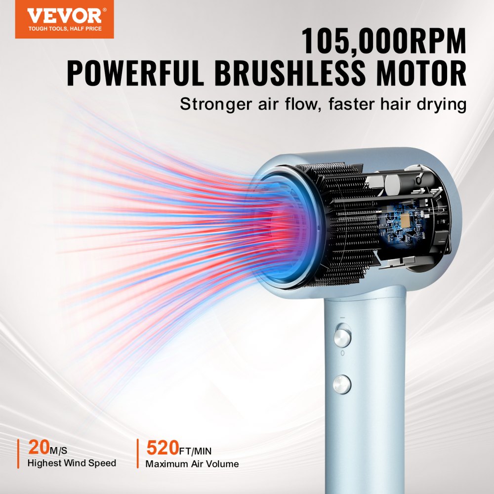 AMITOOLS High-Speed Hair Dryer with 105,000RPM Brushless Motor, 200 Million Negative Ions Hair Blow Dryer, 4 Temps & 3 Speeds, LCD Display Thermo-Control Hairdryer with Diffuser & Nozzle for Home Travel