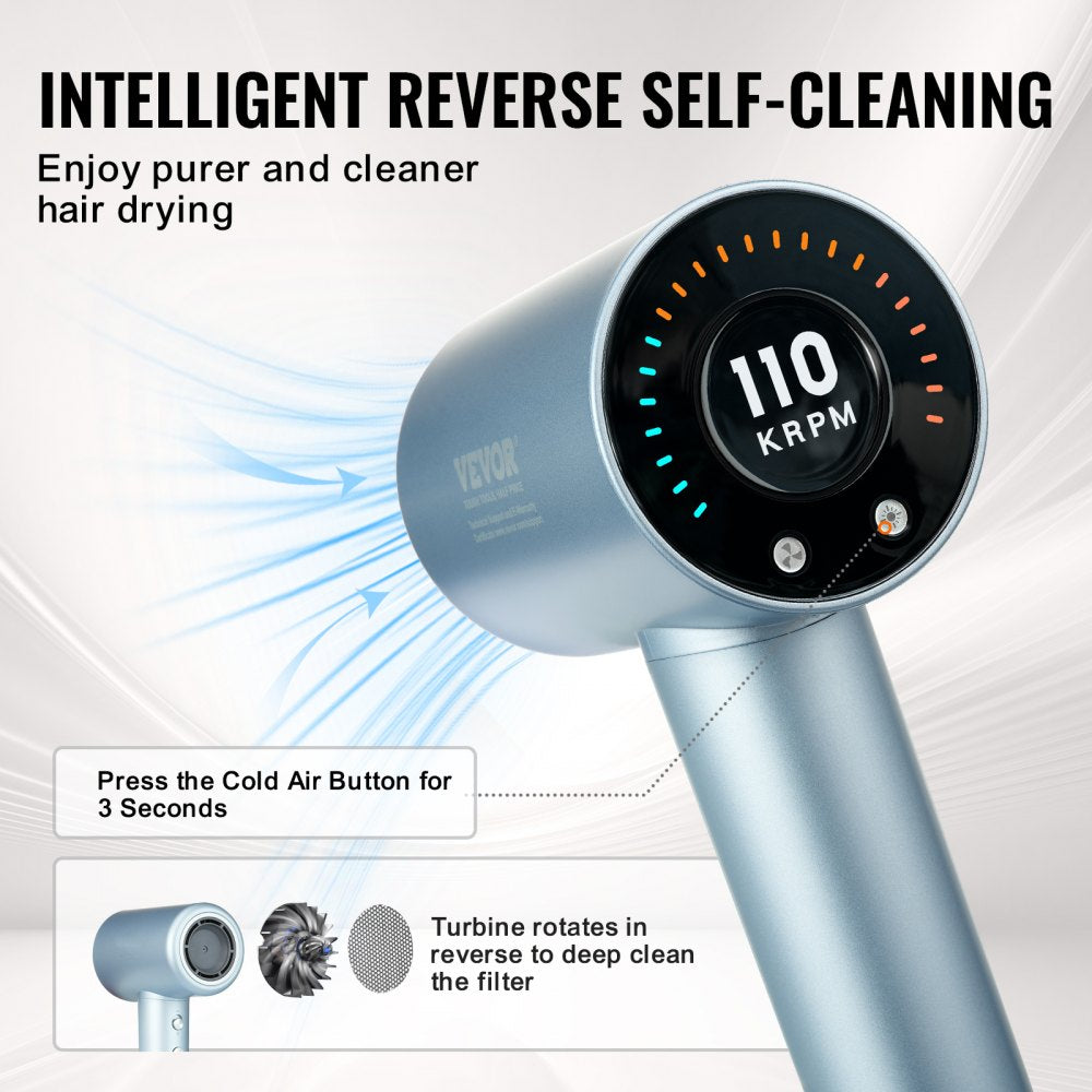 AMITOOLS High-Speed Hair Dryer with 105,000RPM Brushless Motor, 200 Million Negative Ions Hair Blow Dryer, 4 Temps & 3 Speeds, LCD Display Thermo-Control Hairdryer with Diffuser & Nozzle for Home Travel