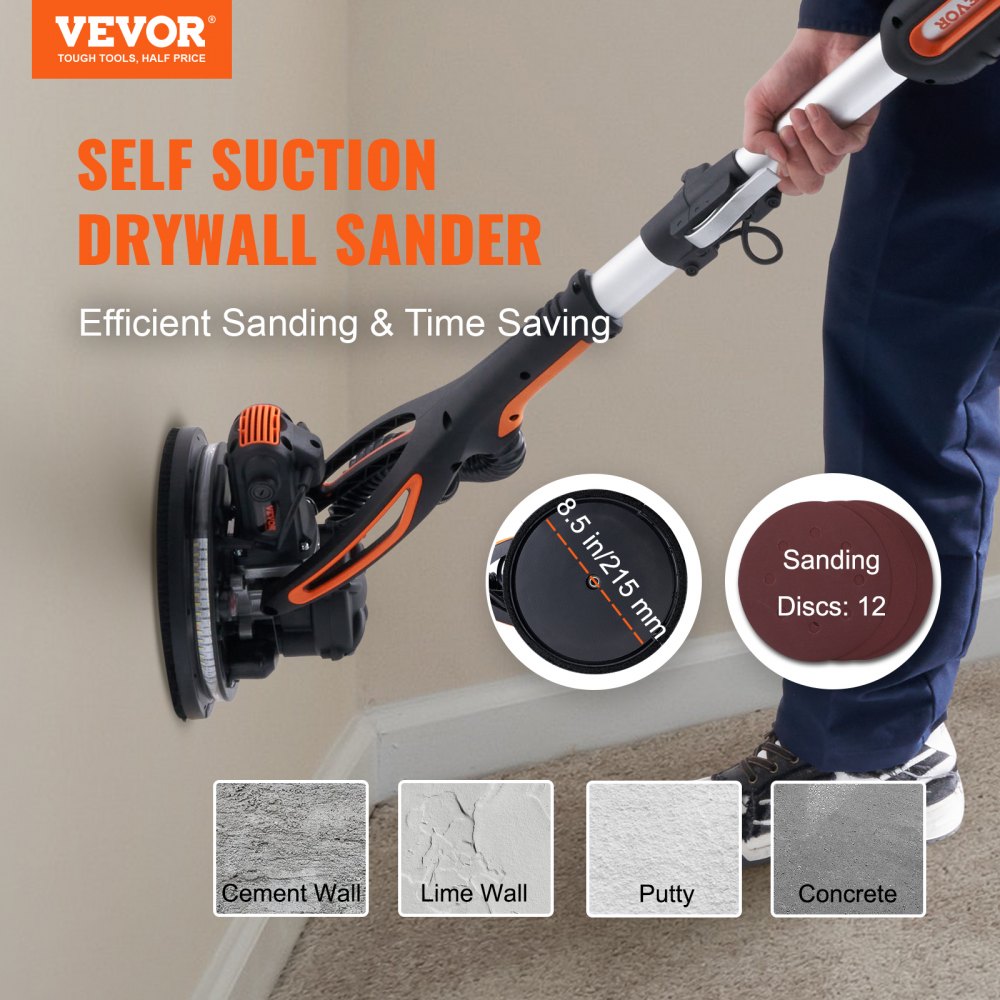 AMITOOLS Drywall Sander 900W Brush Motor 800-1800RPM Variable Speed & Self-Suction