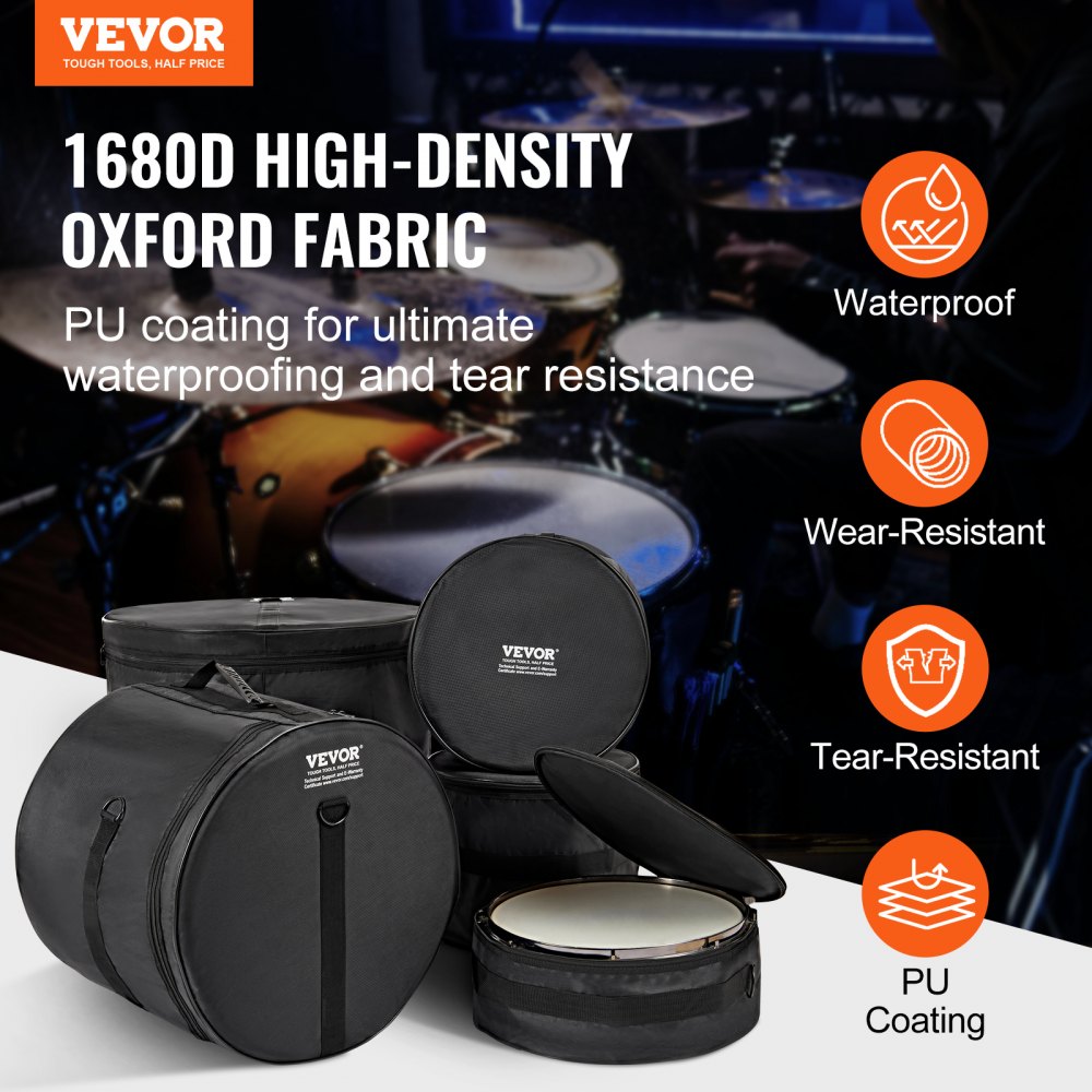 AMITOOLS 5-Piece Drum Bag Set, 1680D Oxford Fabric, Padded Drum Bags and Cases with 4.92 ft Detachable Shoulder Strap Carry Handles Foldable Design, for 22'' Kick 12'' Tom 13'' Tom 16'' Tom 14'' Snare