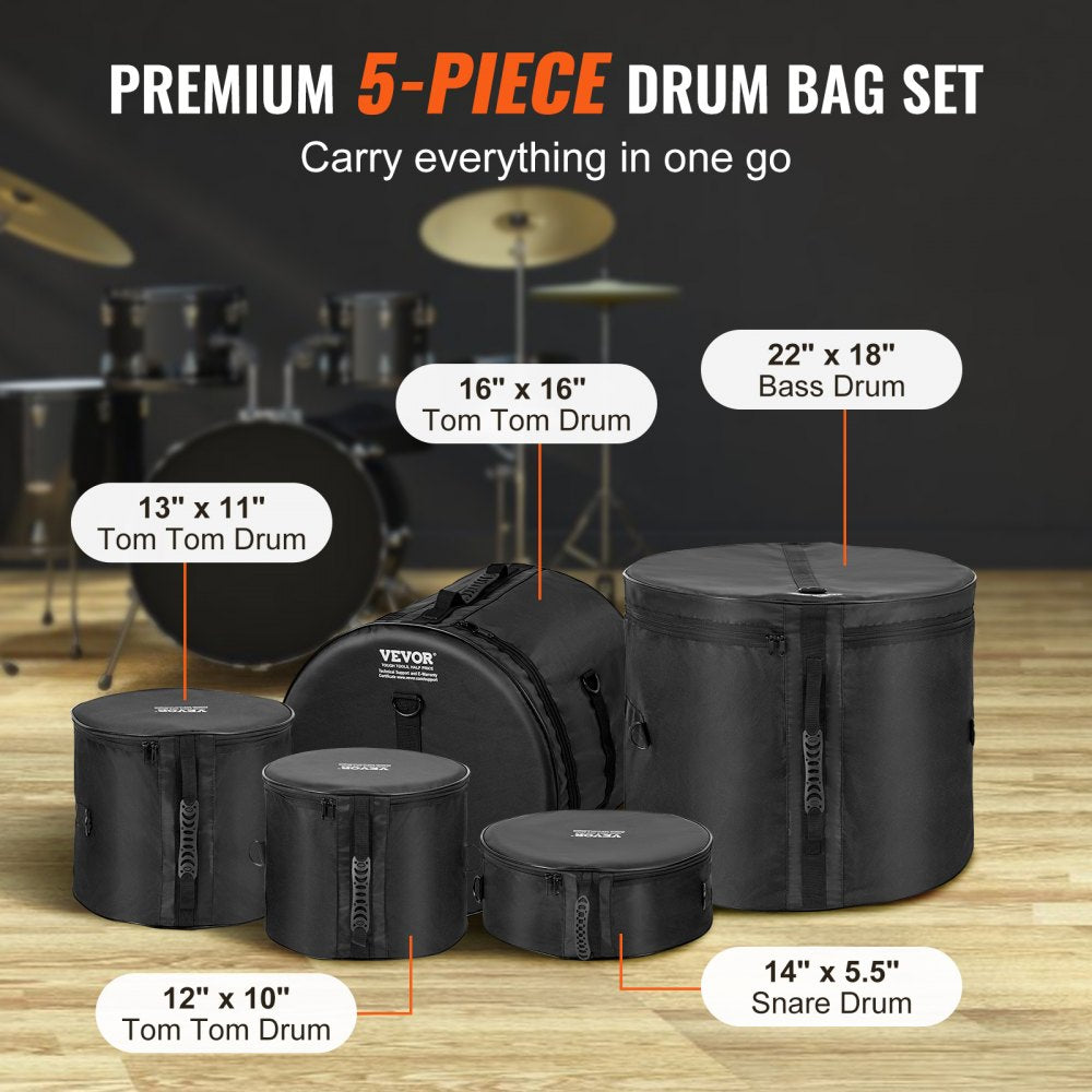 AMITOOLS 5-Piece Drum Bag Set, 1680D Oxford Fabric, Padded Drum Bags and Cases with 4.92 ft Detachable Shoulder Strap Carry Handles Foldable Design, for 22'' Kick 12'' Tom 13'' Tom 16'' Tom 14'' Snare