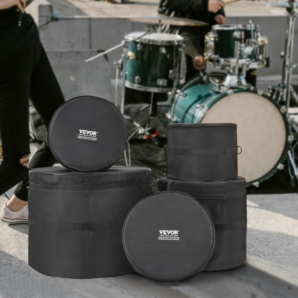 AMITOOLS 5-Piece Drum Bag Set, 1680D Oxford Fabric, Padded Drum Bags and Cases with 4.92 ft Detachable Shoulder Strap Carry Handles Foldable Design, for 22'' Kick 12'' Tom 13'' Tom 16'' Tom 14'' Snare