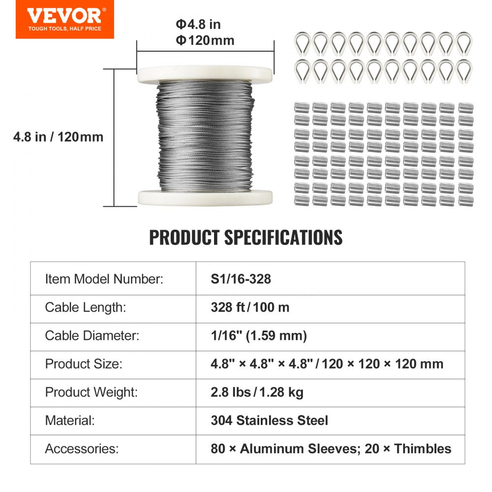 AMITOOLS 1/16 Wire Rope Kit, 304 Stainless Steel Cable with 80 Sleeves and 20 Thimbles, 7x7 Strands Construction Marine Aircraft Grade for Handrail Decking Garden Fence Clothes Line