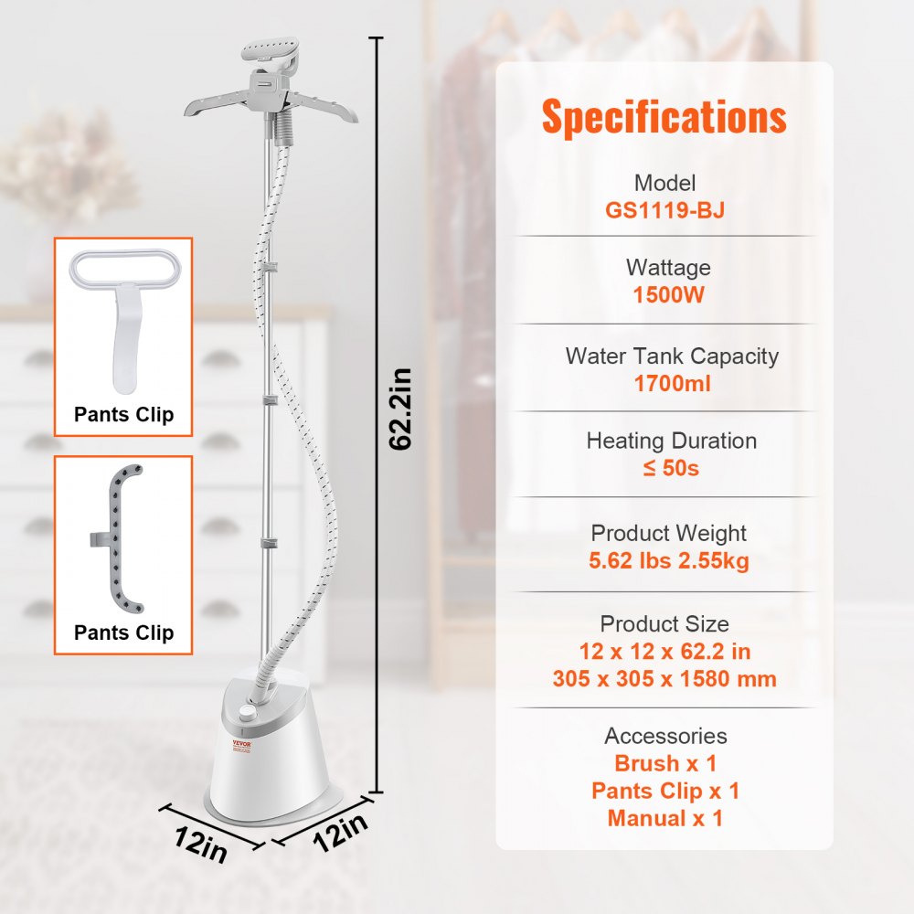 AMITOOLS Standing Steamer with Foldable Garment Hanger, 0.5Gallon Water Tank for 90 Minutes Continuous Steaming, Heats in 45 Seconds & Auto-Stop with Fabric Brush Aluminum Rod and Easy-roll Wheels