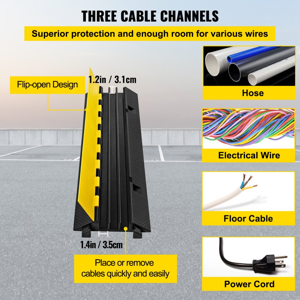 AMITOOLS 1 Pack of 3-Channel Rubber Cable Protector Ramps Heavy Duty 44000Lbs Load Capacity Cable Wire Cord Cover Ramp Speed Bump Driveway Hose Cable Ramp Protective Cover