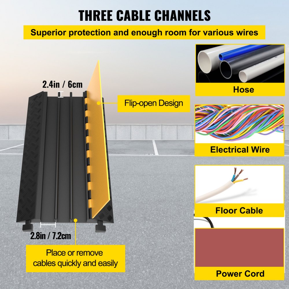 AMITOOLS 1 Pack of 3-Channel Rubber Cable Protector Ramps Heavy Duty 44000Lbs Load Capacity Cable Wire Cord Cover Ramp Speed Bump Driveway Hose Cable Ramp Protective Cover