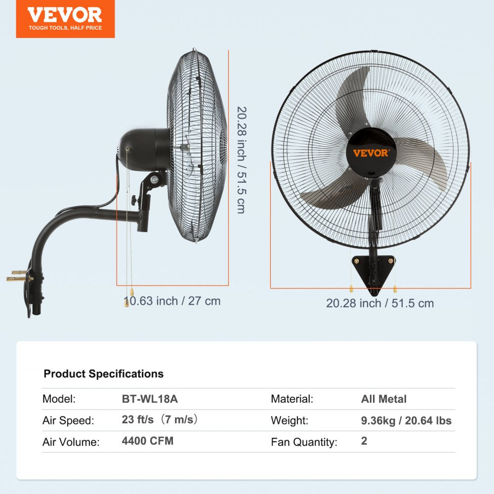 AMITOOLS Wall Mount Fan, 2 PCS 18 inch Oscillating, 3-speed High Velocity Max. 4000 CFM Industrial Wall Fan for Indoor, Commercial, Residential, Warehouse, Greenhouse, Workshop, Basement, Garage,Black