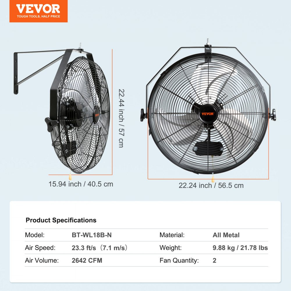 AMITOOLS Wall Mount Fan, 2 PCS 18 inch Manual 360-Degree Tilt Adjustment, 3-speed High Velocity Max. 4000 CFM Industrial Wall Fan for Indoor, Commercial, Warehouse, Workshop, Basement, Garage