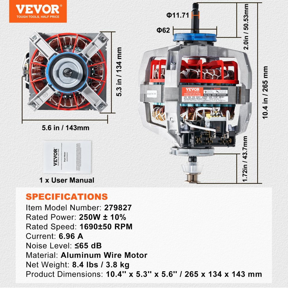 AMITOOLS 279827 Dryer Motor, Compatible with Kenmore, Whirlpool, KitchenAid, Roper Dryer, Replaces 279827, AP3094245, 26000299992, 336351, 3388209, 4319349, 660199, 786067, 8066206, W10194250, W10448892