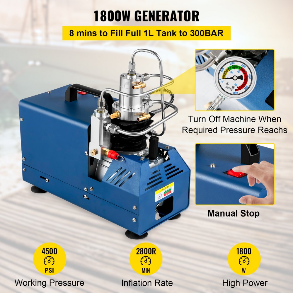 AMITOOLS High Pressure Compressor, 4500PSI/30MPA/300BAR High Pressure Air Compressor, 1800W 110V Manual Stop Air Rifle Compressor Suitable for Paintball Air Rifle, PCP Rifle, Air Pistol, Diving Bottle