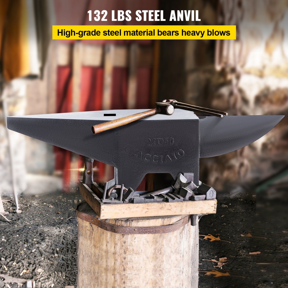 AMITOOLS Cast Iron Anvil, 132 Lbs(60kg) Single Horn Anvil with Large Countertop and Stable Base, High Hardness Rugged Round Horn Anvil Blacksmith, for Bending, Shaping