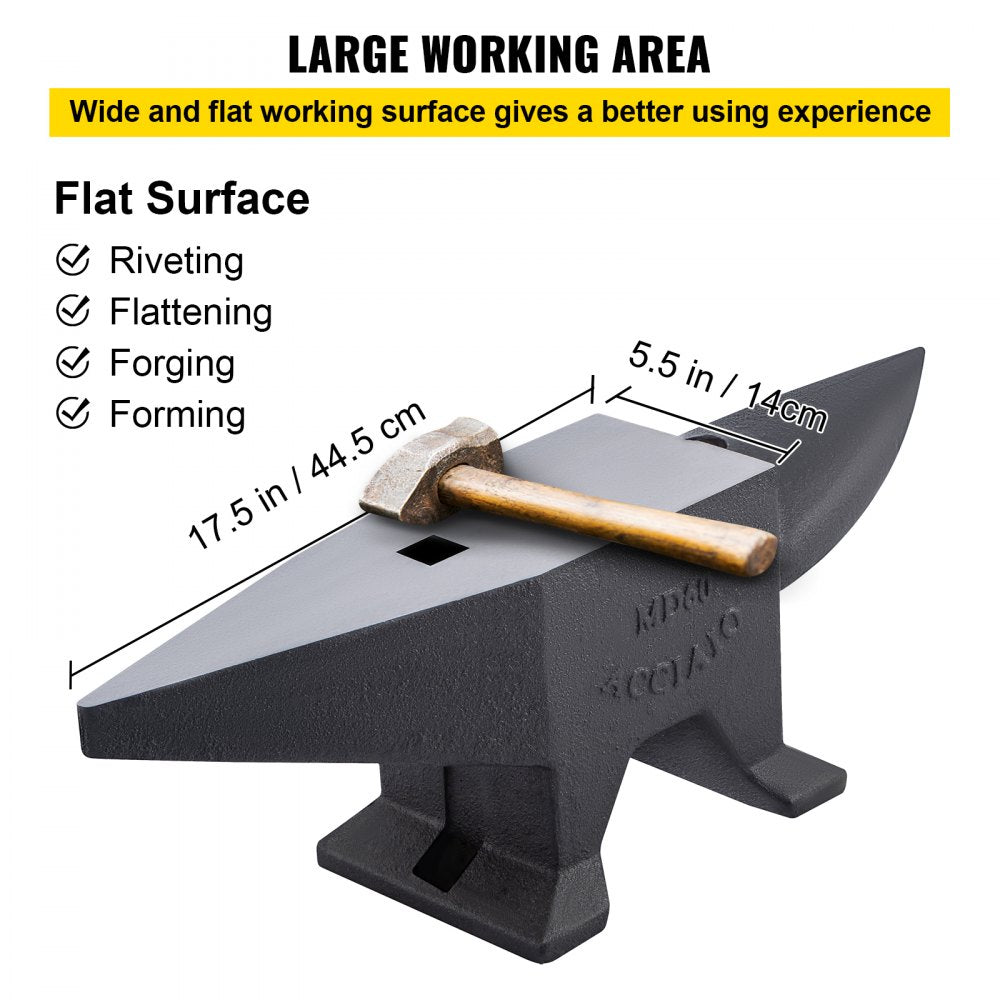 AMITOOLS Cast Iron Anvil, 132 Lbs(60kg) Single Horn Anvil with Large Countertop and Stable Base, High Hardness Rugged Round Horn Anvil Blacksmith, for Bending, Shaping