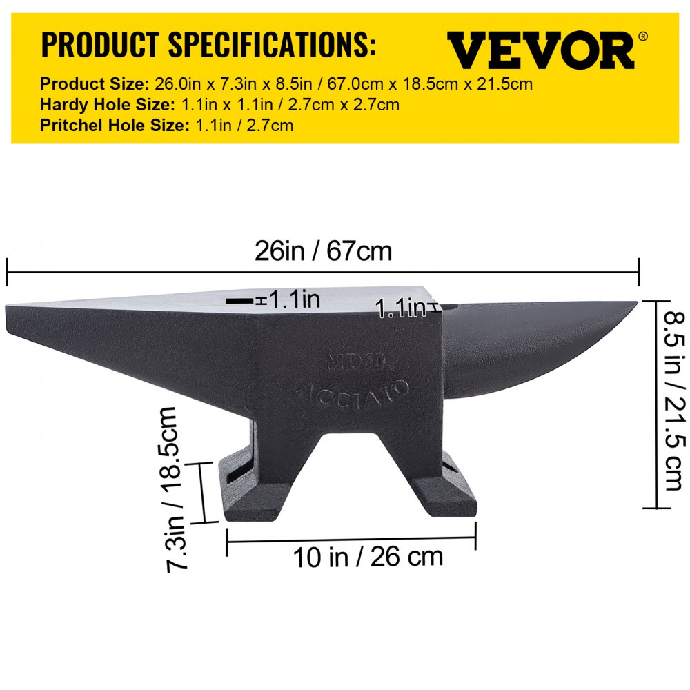 AMITOOLS Cast Iron Anvil, 132 Lbs(60kg) Single Horn Anvil with Large Countertop and Stable Base, High Hardness Rugged Round Horn Anvil Blacksmith, for Bending, Shaping