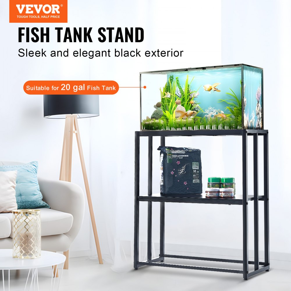 AMITOOLS Aquarium Stand, 20 Gallon Fish Tank Stand, 24.8 x 13 x 30 in Steel Turtle Tank Stand, 167.6 lbs Load Capacity, Reptile Tank Stand with Storage, Hardware Kit, and Non-slip Feet, Black