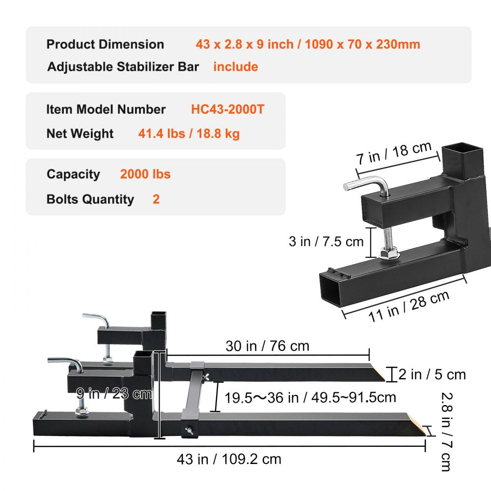 AMITOOLS Pallet Forks, 2000 lbs Clamp on Pallet Forks, 43