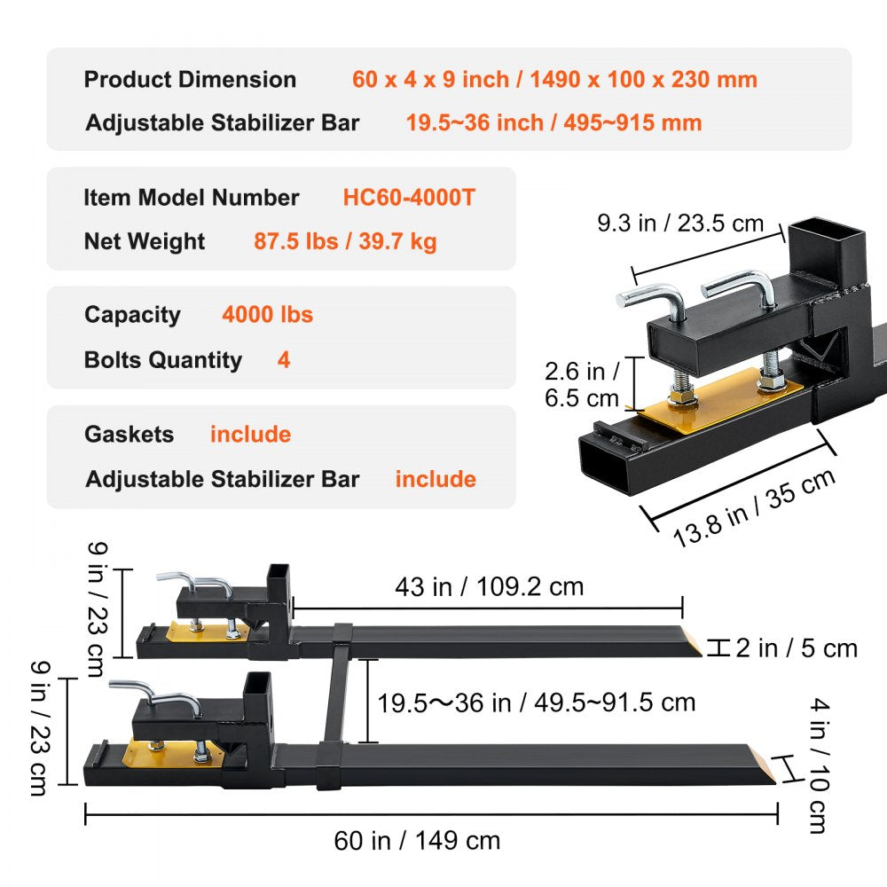 AMITOOLS  Pallet Forks, 4000 lbs Clamp on Pallet Forks, 60