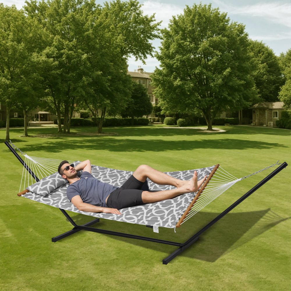 AMITOOLS Two Person Hammock with Stand Included Heavy Duty 480lb Capacity, Double Hammock with 12 FT Steel Stand and Portable Carrying Bag and Pillow, Freestanding Hammock for Outdoor Patio Yard Beach