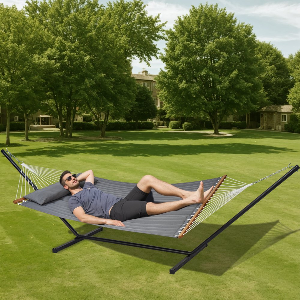 AMITOOLS Two Person Hammock with Stand Included Heavy Duty 480lb Capacity, Double Hammock with 12 FT Steel Stand and Portable Carrying Bag and Pillow, Freestanding Hammock for Outdoor Patio Yard Beach