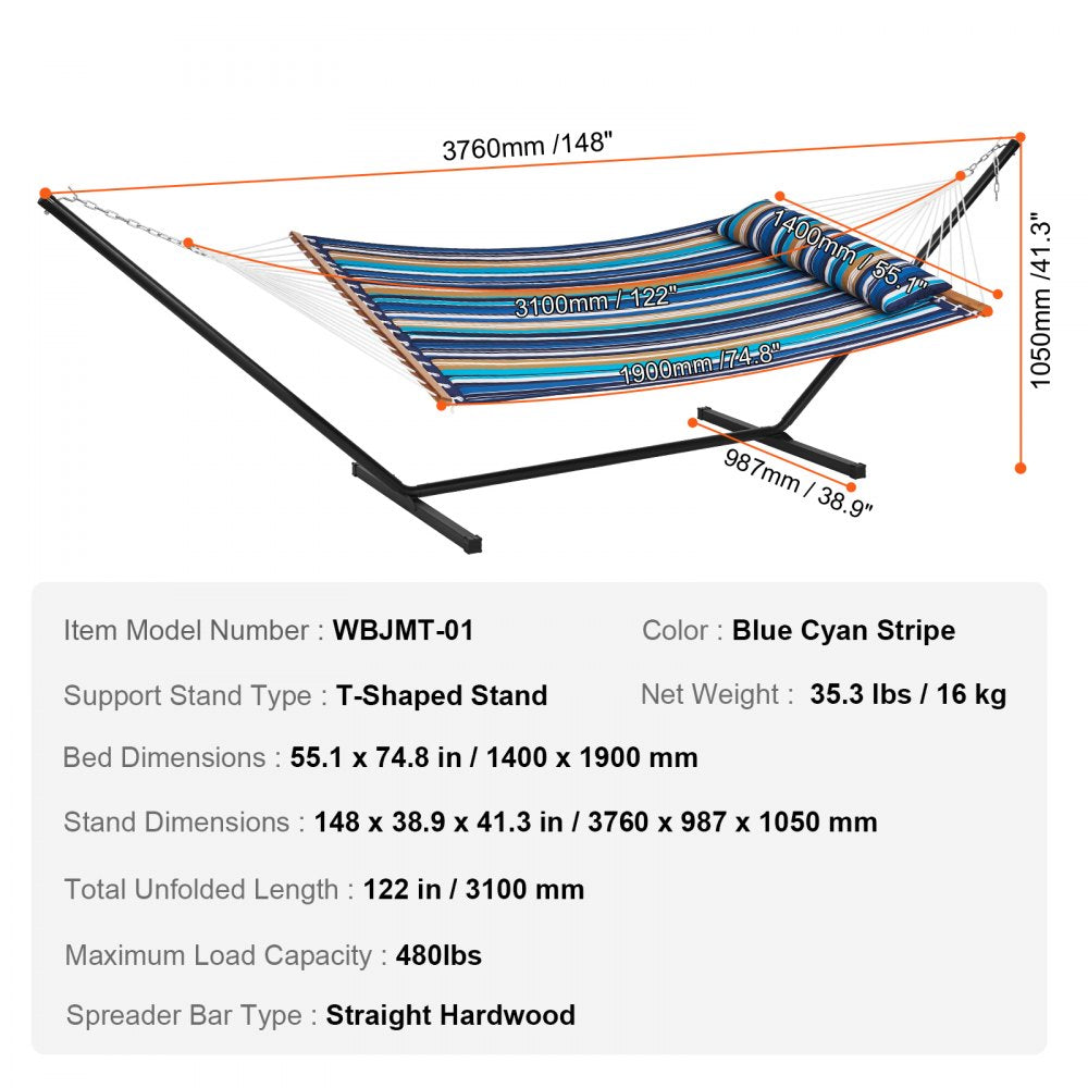 AMITOOLS Two Person Hammock with Stand Included Heavy Duty 480lb Capacity, Double Hammock with 12 FT Steel Stand and Portable Carrying Bag and Pillow, Freestanding Hammock for Outdoor Patio Yard Beach