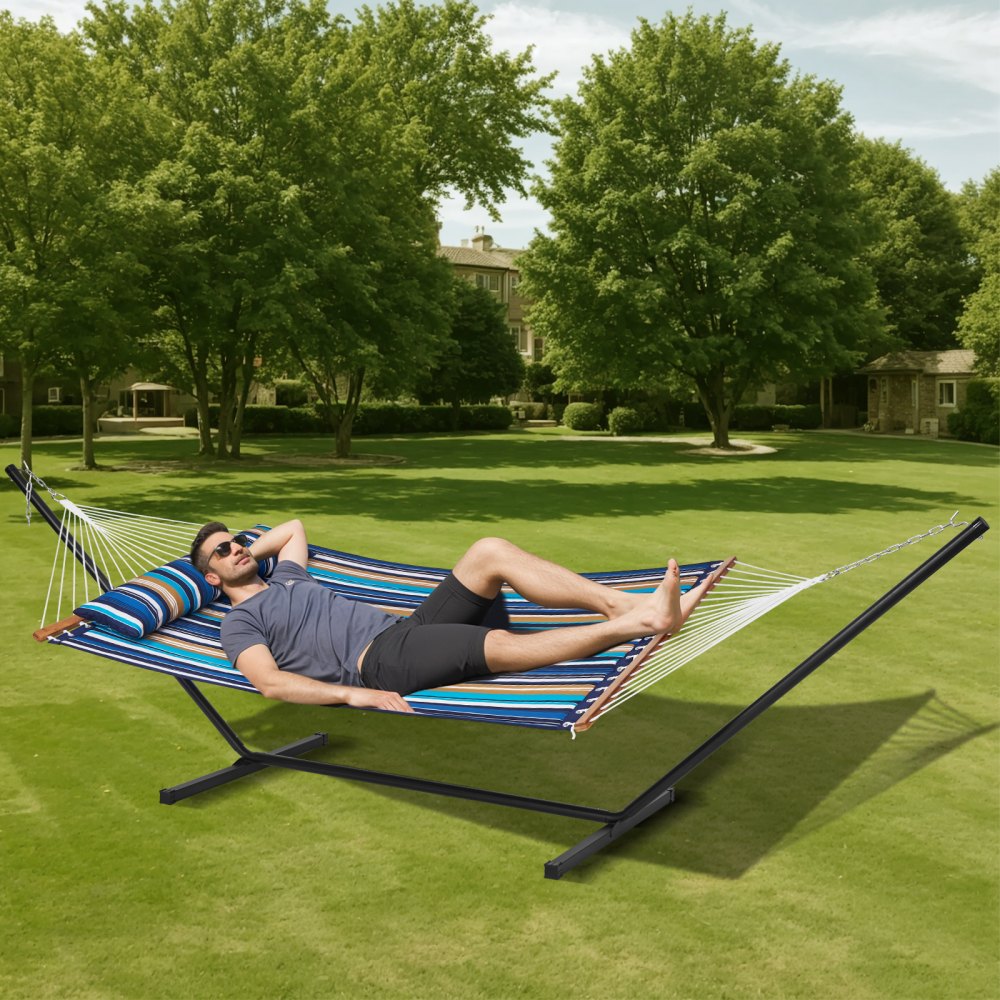 AMITOOLS Two Person Hammock with Stand Included Heavy Duty 480lb Capacity, Double Hammock with 12 FT Steel Stand and Portable Carrying Bag and Pillow, Freestanding Hammock for Outdoor Patio Yard Beach