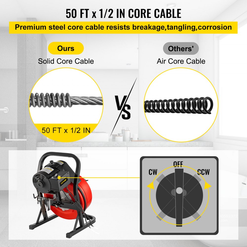 AMITOOLS 50FTx1/2Inch Drain Cleaner Machine Electric Drain Auger with 4 Cutter & Foot Switch Drain Cleaner Machine Sewer Snake Drill Drain Auger Cleaner for 2