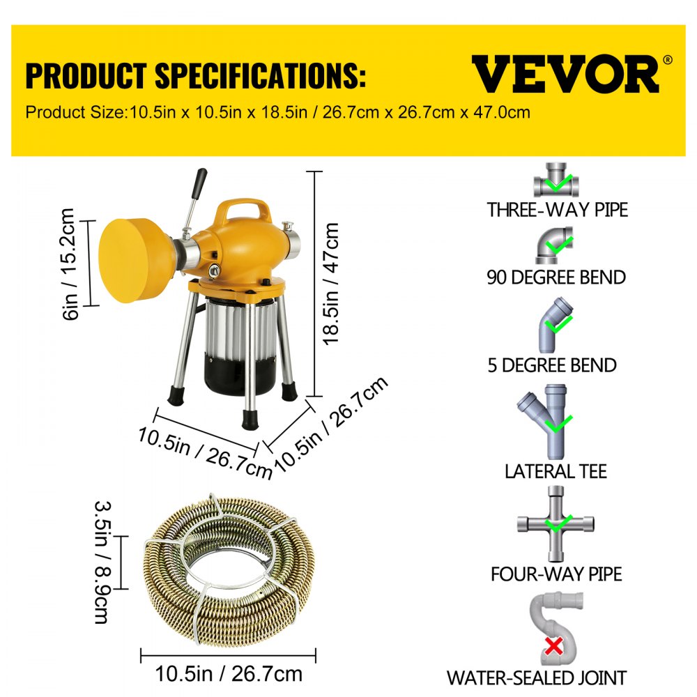 AMITOOLS Drain Cleaner Machine, 66Ft x2/3Inch Electric Drain Auger with 2 Cables for 3/4