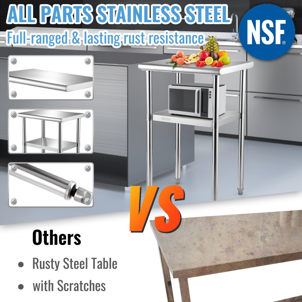 AMITOOLS Stainless Steel Prep Table, 24 x 18 x 36 Inch, 600lbs Load Capacity Heavy Duty Metal Worktable with Adjustable Undershelf & Feet, Commercial Workstation for Kitchen Restaurant Garage Backyard