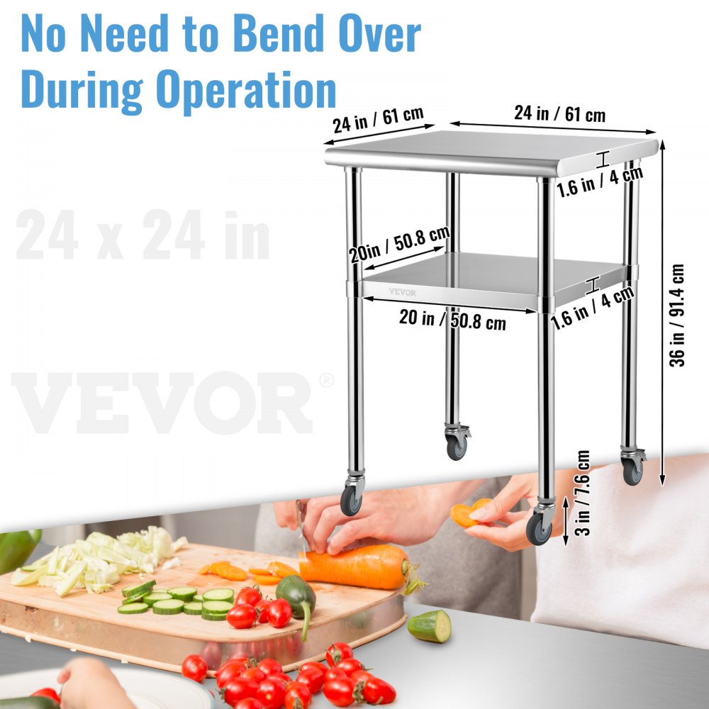 AMITOOLS Stainless Steel Prep Table, 24 x 24 x 36 Inch, 600lbs Load Capacity Heavy Duty Metal Worktable with Adjustable Undershelf & Universal Wheels, Commercial Workstation for Kitchen Garage Backyard