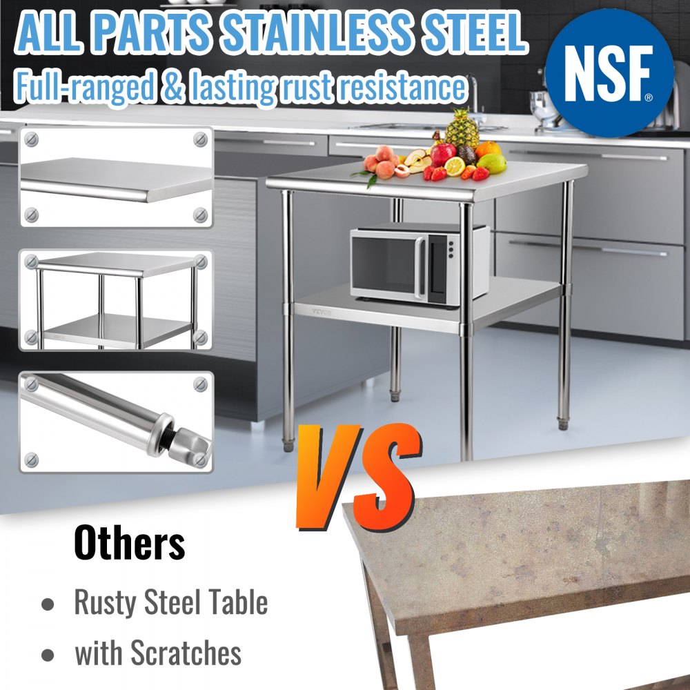 AMITOOLS Stainless Steel Prep Table, 30 x 30 x 36 Inch, 800lbs Load Capacity Heavy Duty Metal Worktable with Adjustable Undershelf & Feet, Commercial Workstation for Kitchen Garage Restaurant Backyard