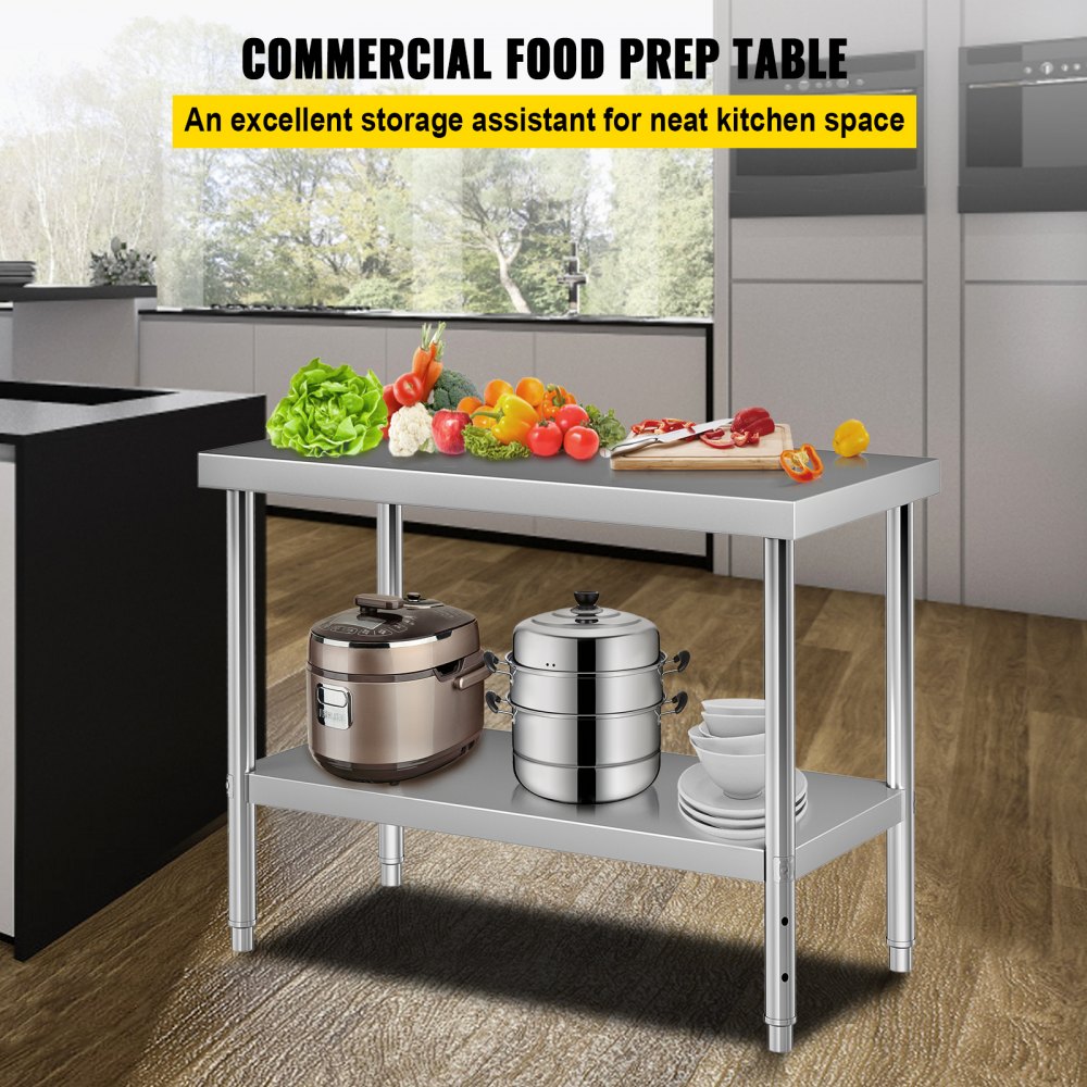 AMITOOLS Stainless Steel Prep Table, 48 x 18 x 34 Inch, 550lbs Load Capacity Heavy Duty Metal Worktable with Adjustable Undershelf, Commercial Workstation for Kitchen Restaurant Garage Backyard