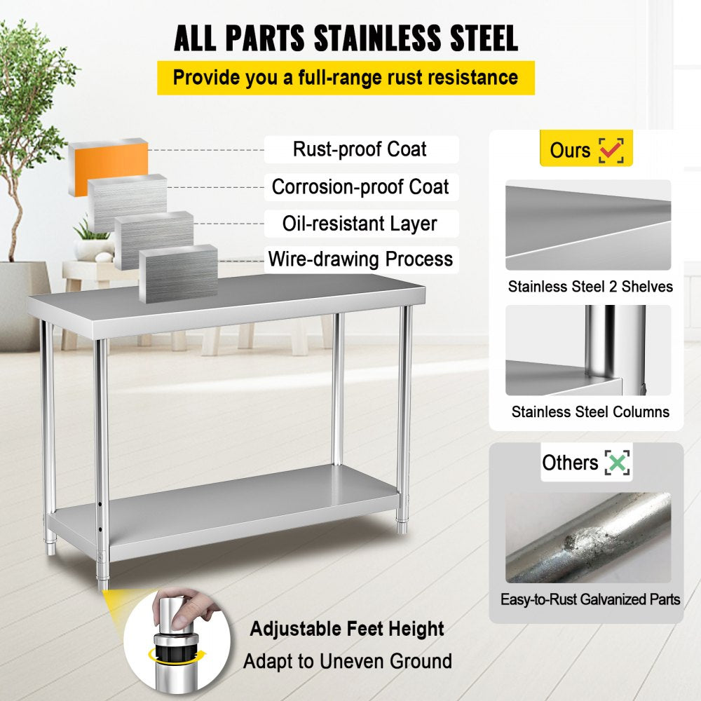 AMITOOLS Stainless Steel Prep Table, 48 x 18 x 34 Inch, 550lbs Load Capacity Heavy Duty Metal Worktable with Adjustable Undershelf, Commercial Workstation for Kitchen Restaurant Garage Backyard