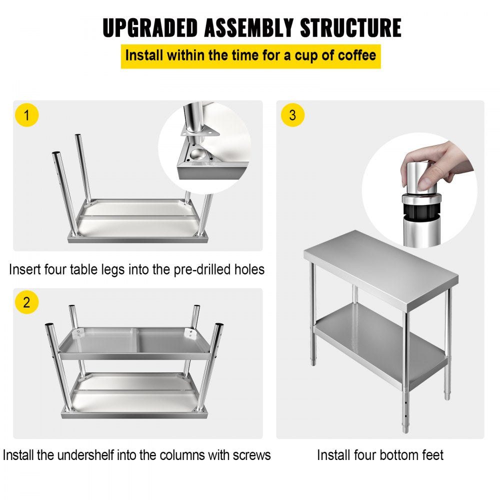 AMITOOLS Stainless Steel Prep Table, 48 x 18 x 34 Inch, 550lbs Load Capacity Heavy Duty Metal Worktable with Adjustable Undershelf, Commercial Workstation for Kitchen Restaurant Garage Backyard