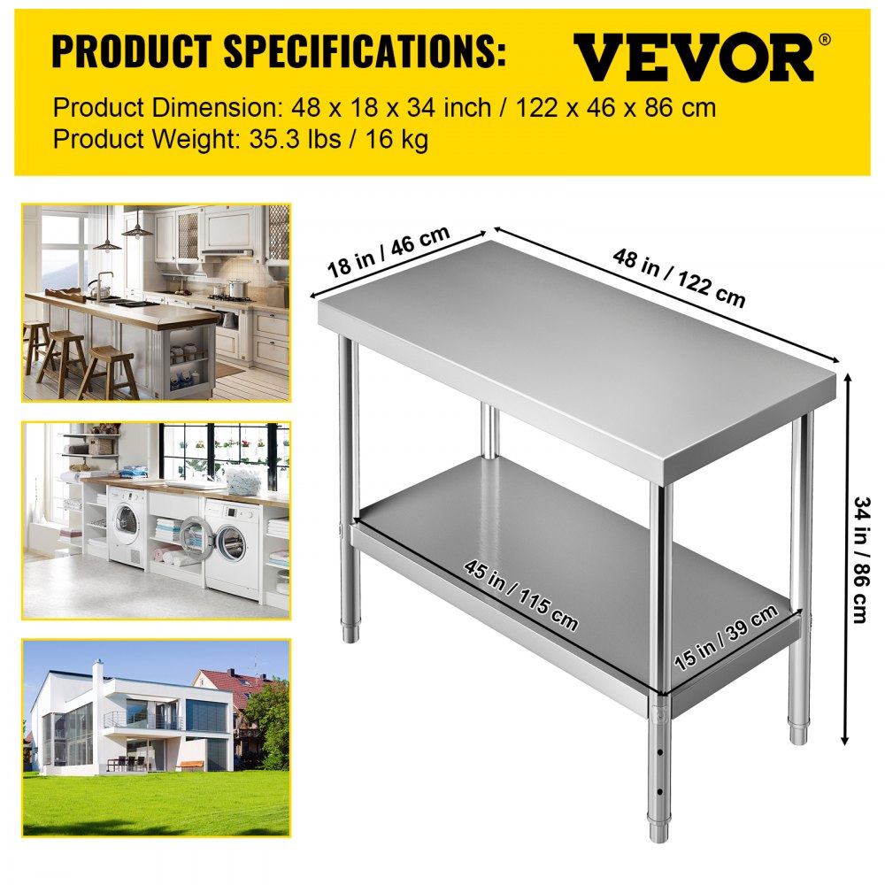 AMITOOLS Stainless Steel Prep Table, 48 x 18 x 34 Inch, 550lbs Load Capacity Heavy Duty Metal Worktable with Adjustable Undershelf, Commercial Workstation for Kitchen Restaurant Garage Backyard