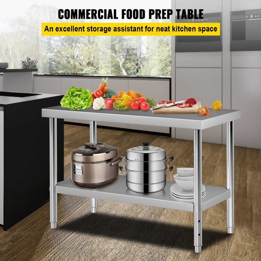 AMITOOLS Stainless Steel Prep Table, 48 x 24 x 34 Inch, 550lbs Load Capacity Heavy Duty Metal Worktable with Adjustable Undershelf, Commercial Workstation for Kitchen Restaurant Garage Backyard