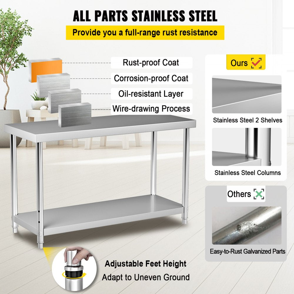 AMITOOLS Stainless Steel Prep Table, 48 x 24 x 34 Inch, 550lbs Load Capacity Heavy Duty Metal Worktable with Adjustable Undershelf, Commercial Workstation for Kitchen Restaurant Garage Backyard