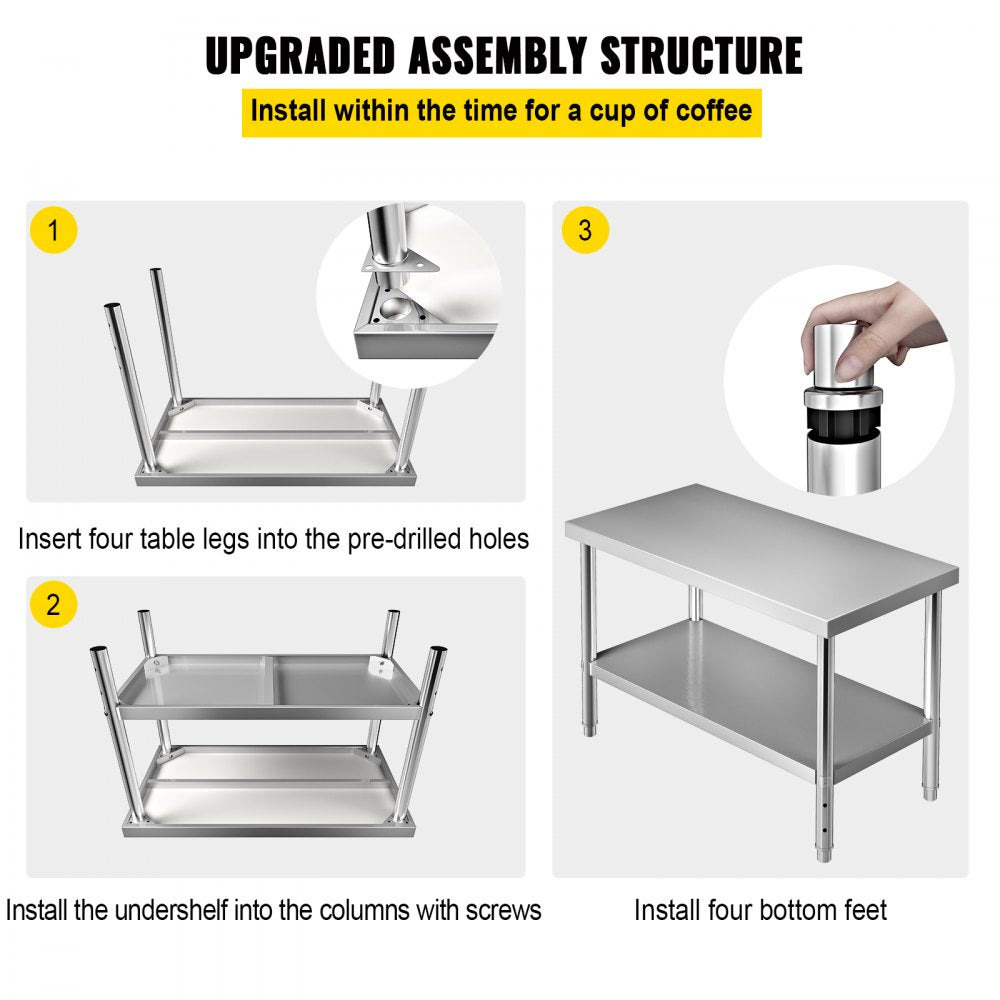 AMITOOLS Stainless Steel Prep Table, 48 x 24 x 34 Inch, 550lbs Load Capacity Heavy Duty Metal Worktable with Adjustable Undershelf, Commercial Workstation for Kitchen Restaurant Garage Backyard