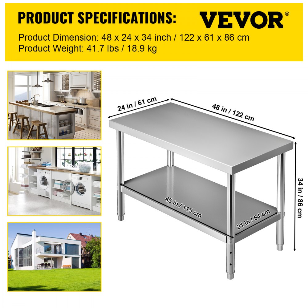 AMITOOLS Stainless Steel Prep Table, 48 x 24 x 34 Inch, 550lbs Load Capacity Heavy Duty Metal Worktable with Adjustable Undershelf, Commercial Workstation for Kitchen Restaurant Garage Backyard