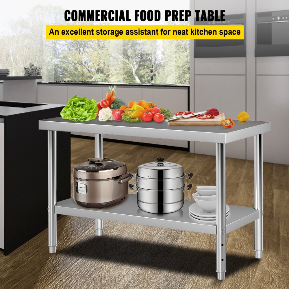 AMITOOLS Stainless Steel Prep Table, 48 x 30 x 34 Inch, 550lbs Load Capacity Heavy Duty Metal Worktable with Adjustable Undershelf, Commercial Workstation for Kitchen Restaurant Garage Backyard