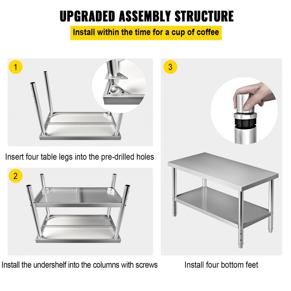 AMITOOLS Stainless Steel Prep Table, 48 x 30 x 34 Inch, 550lbs Load Capacity Heavy Duty Metal Worktable with Adjustable Undershelf, Commercial Workstation for Kitchen Restaurant Garage Backyard