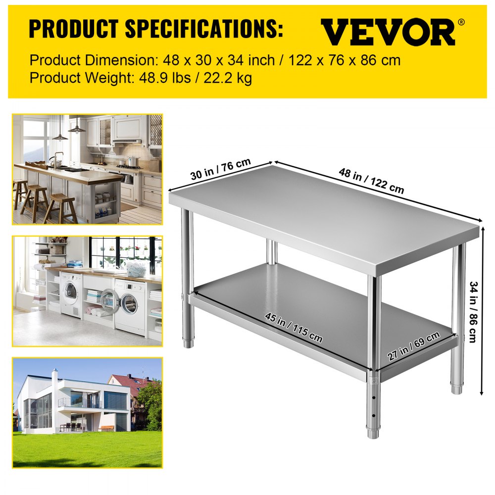 AMITOOLS Stainless Steel Prep Table, 48 x 30 x 34 Inch, 550lbs Load Capacity Heavy Duty Metal Worktable with Adjustable Undershelf, Commercial Workstation for Kitchen Restaurant Garage Backyard