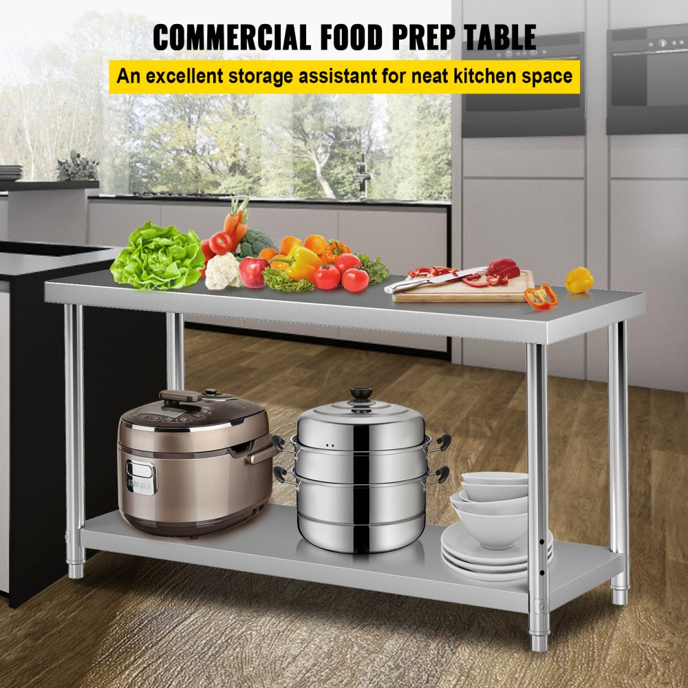 AMITOOLS Stainless Steel Prep Table, 60 x 24 x 34 Inch, 550lbs Load Capacity Heavy Duty Metal Worktable with Adjustable Undershelf, Commercial Workstation for Kitchen Restaurant Garage Backyard