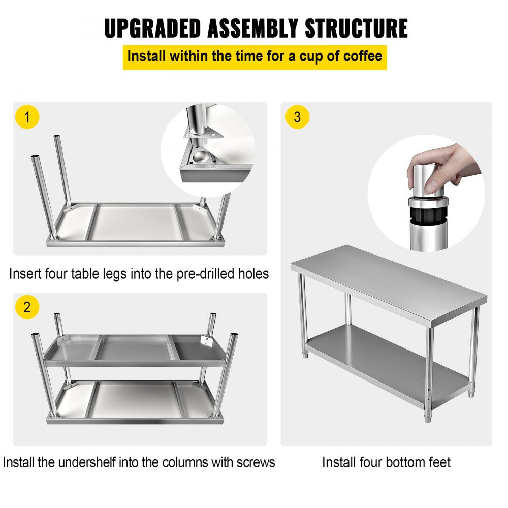 AMITOOLS Stainless Steel Prep Table, 60 x 24 x 34 Inch, 550lbs Load Capacity Heavy Duty Metal Worktable with Adjustable Undershelf, Commercial Workstation for Kitchen Restaurant Garage Backyard