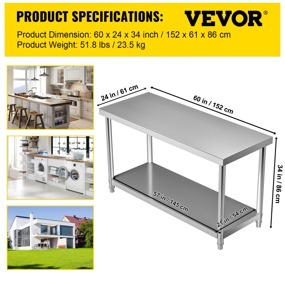 AMITOOLS Stainless Steel Prep Table, 60 x 24 x 34 Inch, 550lbs Load Capacity Heavy Duty Metal Worktable with Adjustable Undershelf, Commercial Workstation for Kitchen Restaurant Garage Backyard