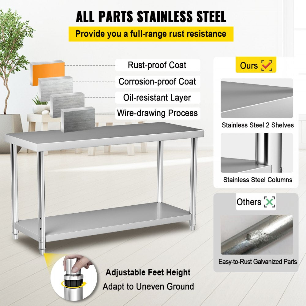 AMITOOLS Stainless Steel Prep Table, 72 x 30 x 34 Inch, 550lbs Load Capacity Heavy Duty Metal Worktable with Adjustable Undershelf, Commercial Workstation for Kitchen Restaurant Garage Backyard