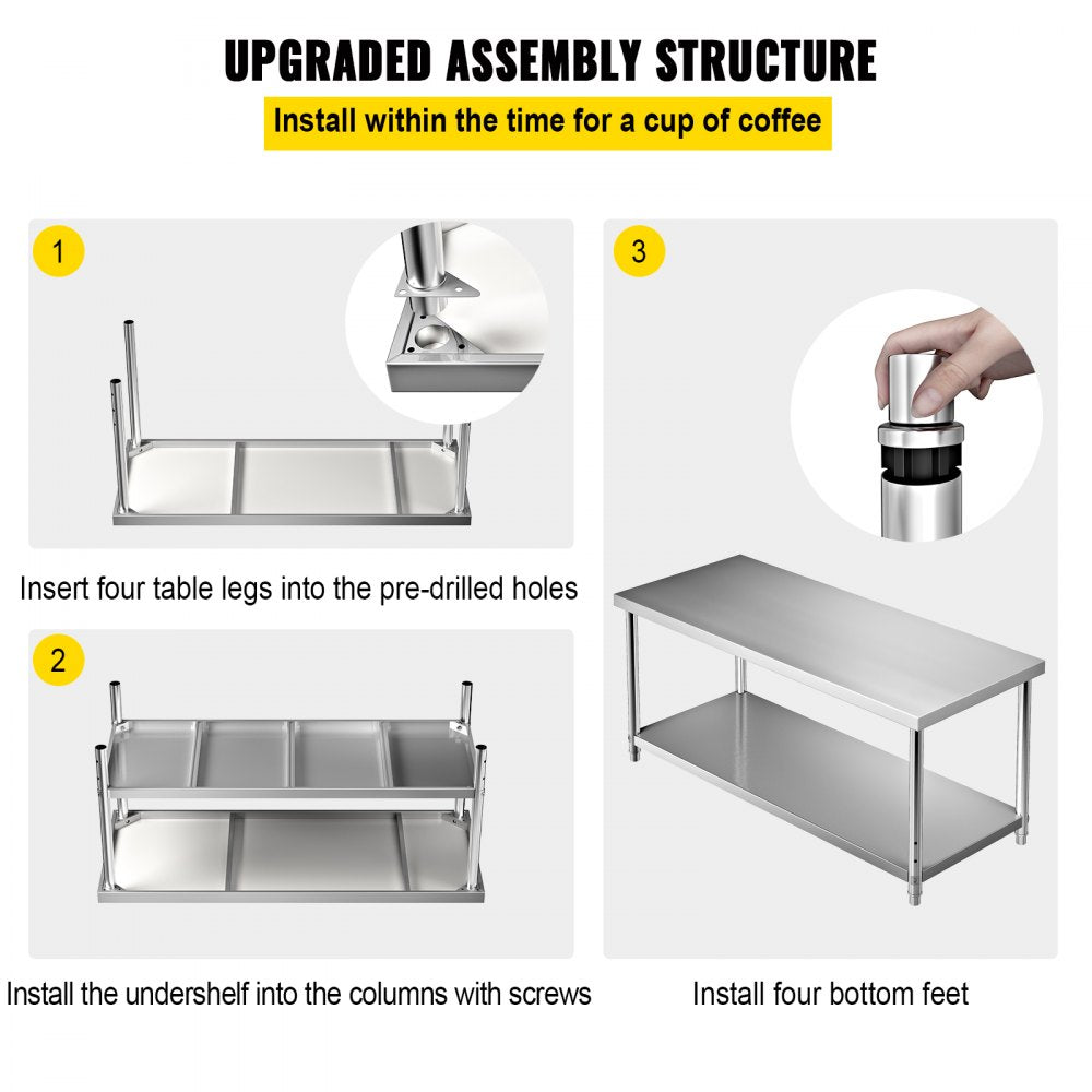 AMITOOLS Stainless Steel Prep Table, 72 x 30 x 34 Inch, 550lbs Load Capacity Heavy Duty Metal Worktable with Adjustable Undershelf, Commercial Workstation for Kitchen Restaurant Garage Backyard