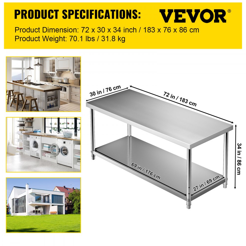 AMITOOLS Stainless Steel Prep Table, 72 x 30 x 34 Inch, 550lbs Load Capacity Heavy Duty Metal Worktable with Adjustable Undershelf, Commercial Workstation for Kitchen Restaurant Garage Backyard